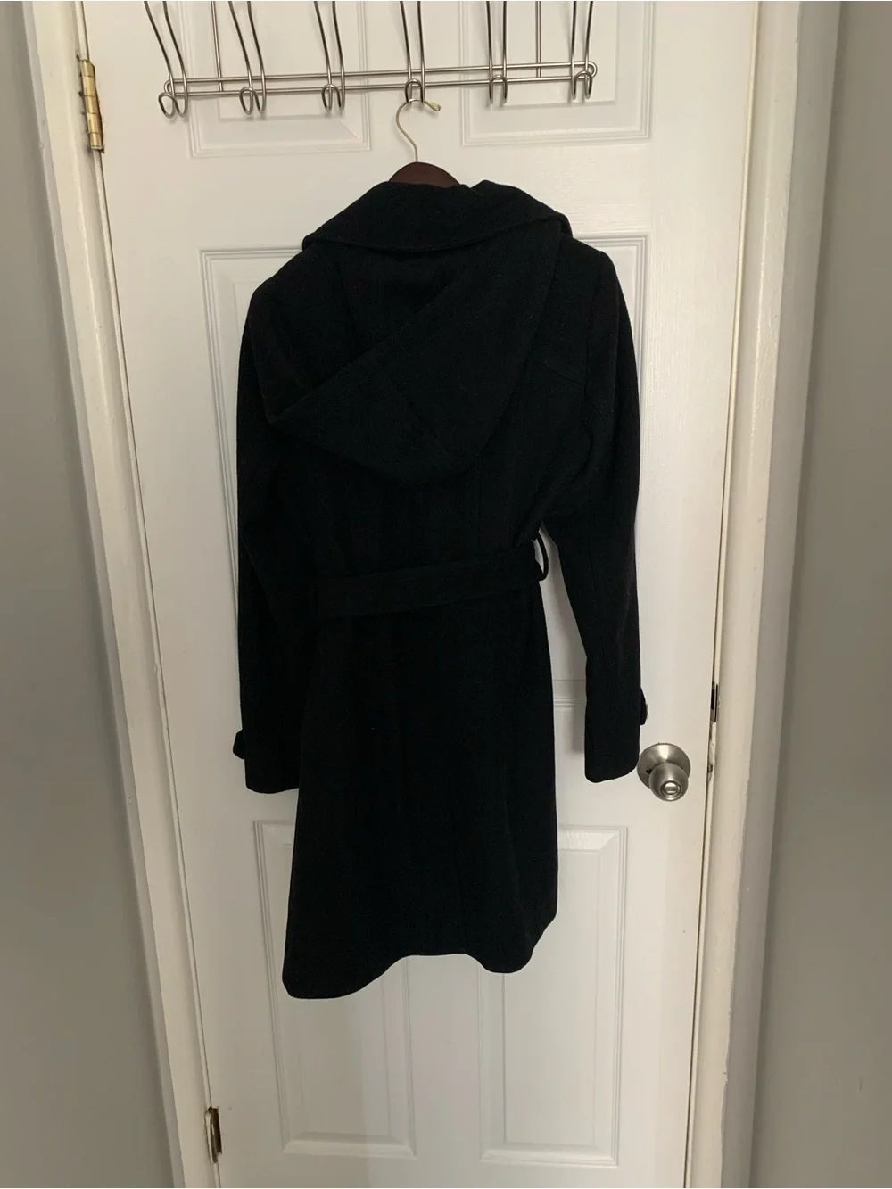 Michael Kors Women’s Black hooded Belted Wool-Blend Coat with gold buttons